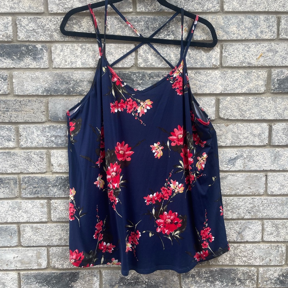 2XL Strappy Floral Navy & Red Spaghetti Strap Top